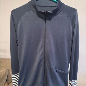 Navy Blue Zip-Up Jacket with Striped Sleeves Cafe Du Cycliste cycling merino